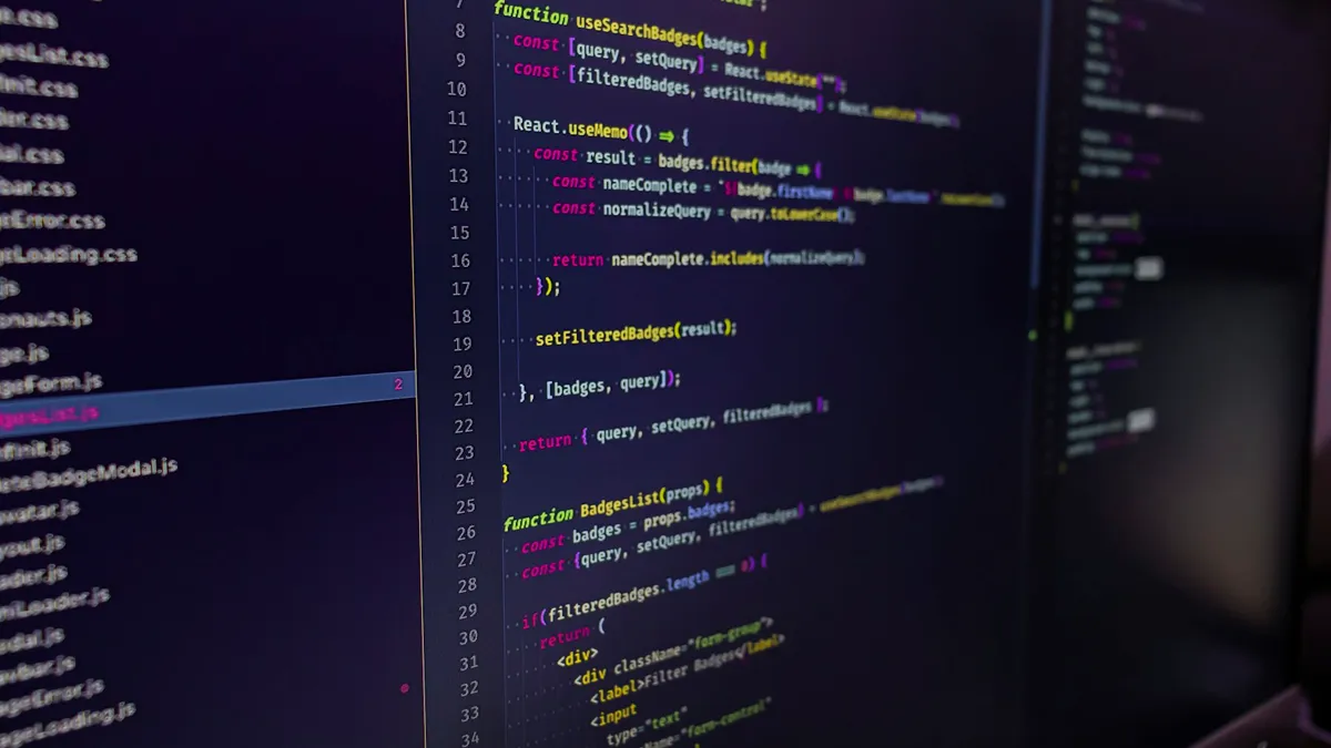 Colored program code on a screen, illustrating a coding workspace